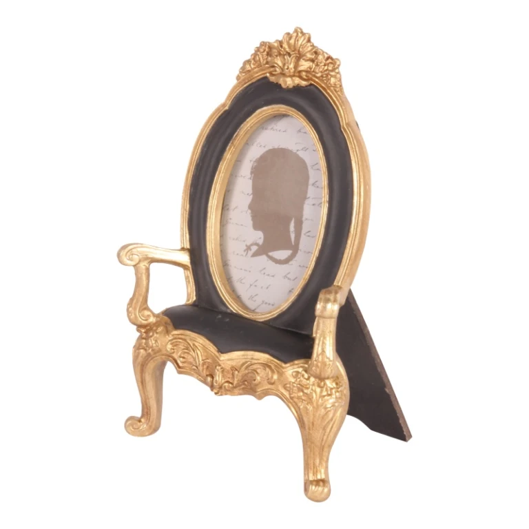 Moldura de Foto 9x13 cm - preta - resina sintética - forma de cadeira - em pé