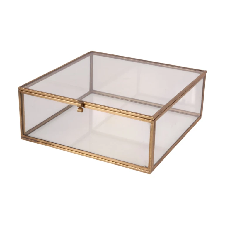 Caixa de Joias 20x20x8 cm - dourada - latão e vidro