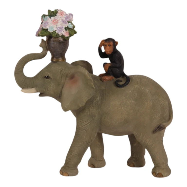 Escultura de elefante com macaco - marrom - 17 cm