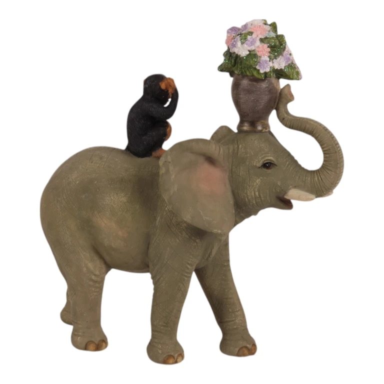 Escultura de elefante com macaco - marrom - 17 cm