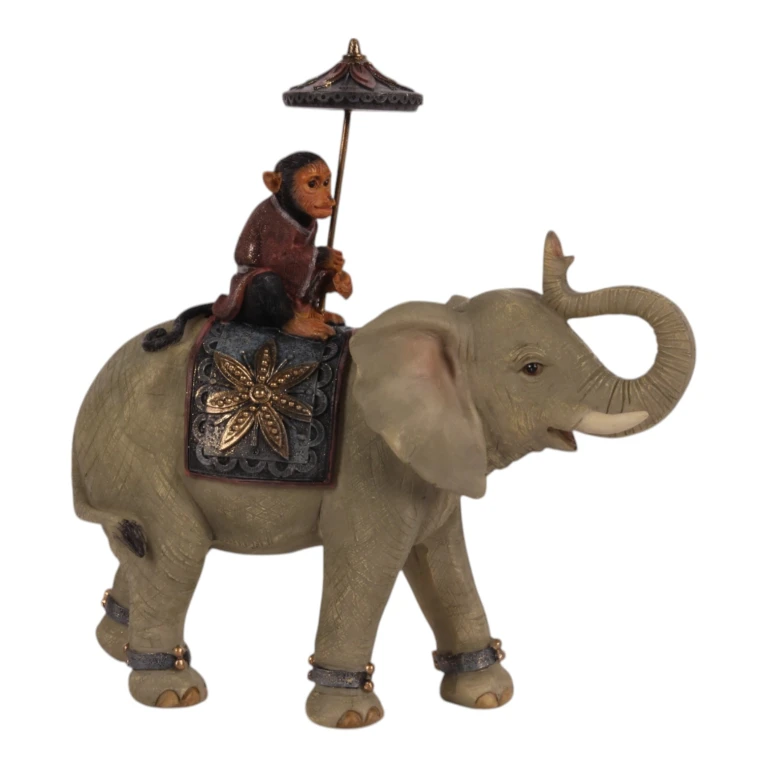 Escultura de animal Elefante com macaco - marrom - 19 cm