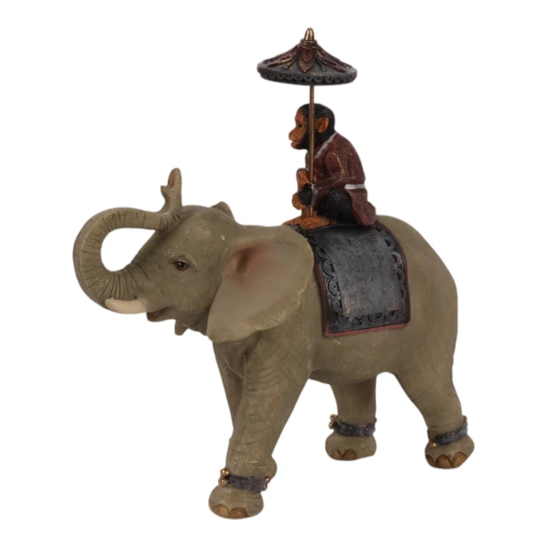 Escultura de animal Elefante com macaco - marrom - 19 cm