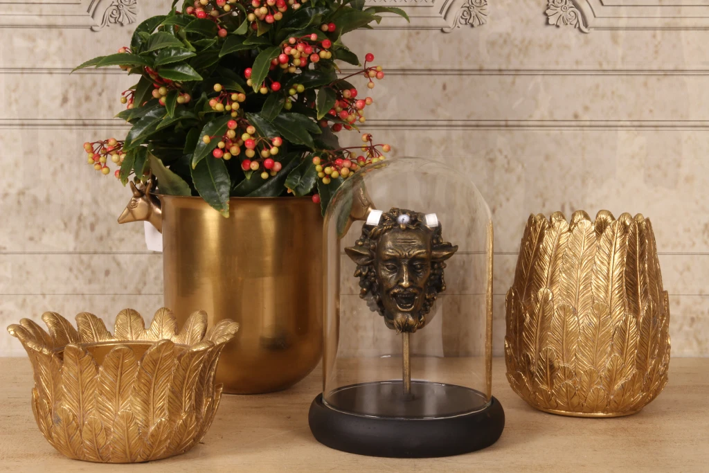 Estátua de Baco com cúpula de vidro - dourado - 23 cm - resina artística