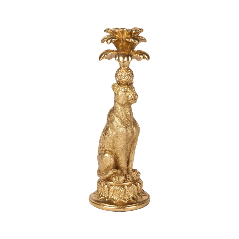 Castiçal Leopardo - 23,5 cm - dourado - resina sintética