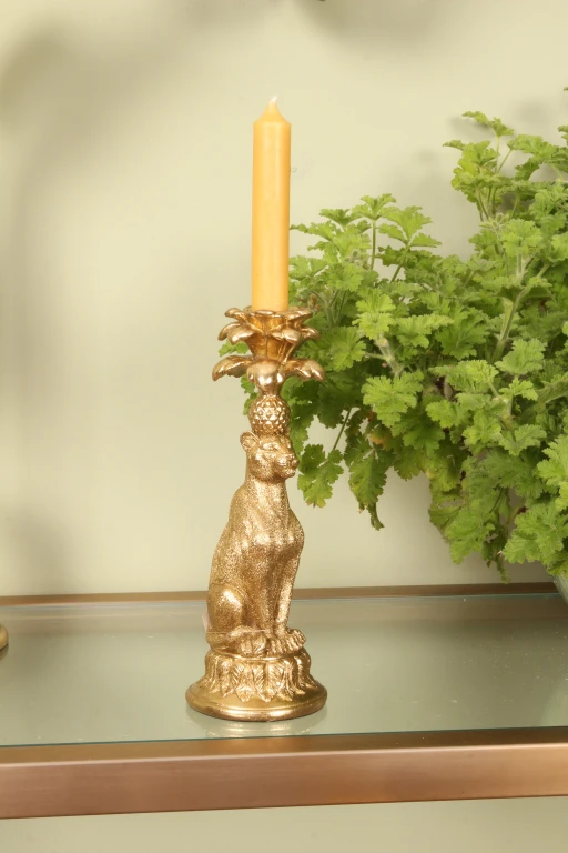 Castiçal Leopardo - 23,5 cm - dourado - resina sintética