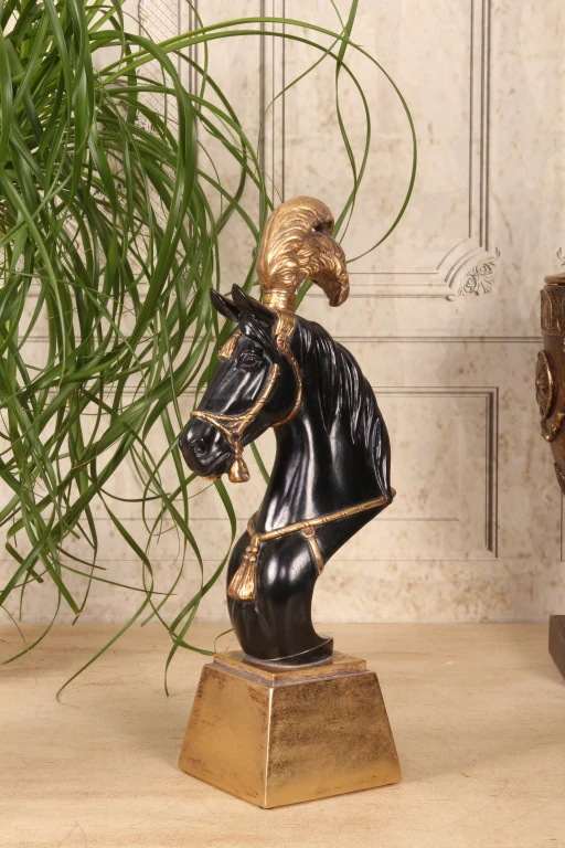 Escultura de cabeça de cavalo - preto/ouro - 36,5 cm