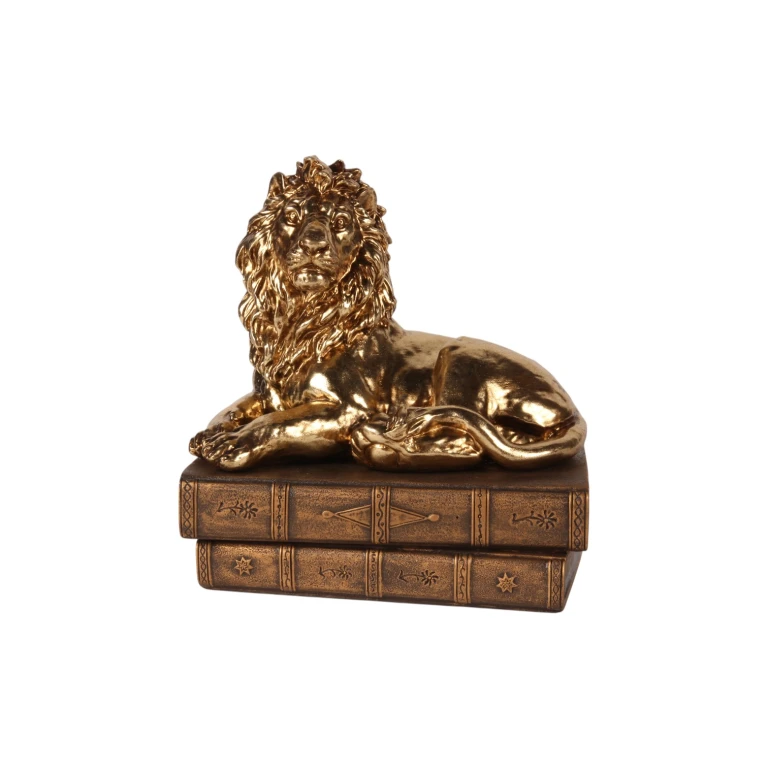 Escultura de leão sobre livros - dourado - 21 cm