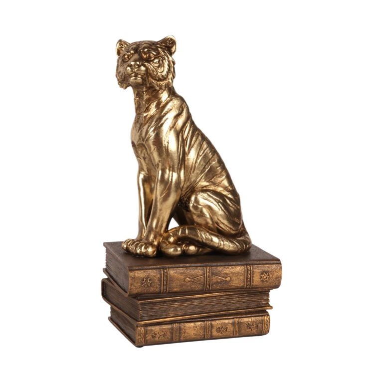 Escultura de tigre em livros - dourado - 29 cm