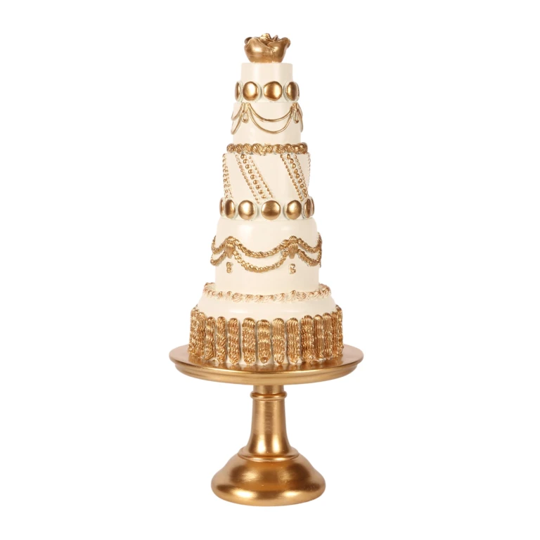 Bolo decorativo - branco/creme com ouro - 47 cm - resina artística