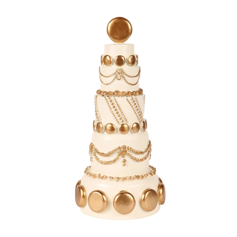 Bolo decorativo - branco/creme com ouro - 33,5 cm - resina artística