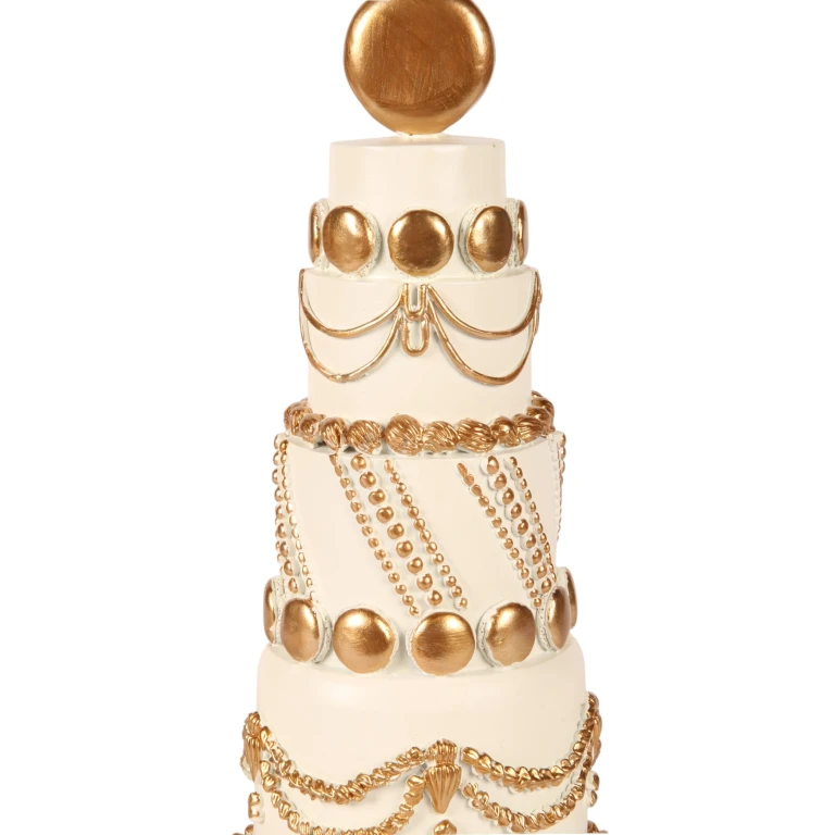 Bolo decorativo - branco/creme com ouro - 33,5 cm - resina artística