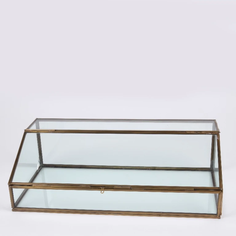 Caixa de armazenamento retangular - 15 cm - dourado - latão e vidro