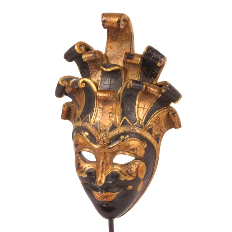 Máscara decorativa em pé - preto/ouro - 28 cm - resina artística