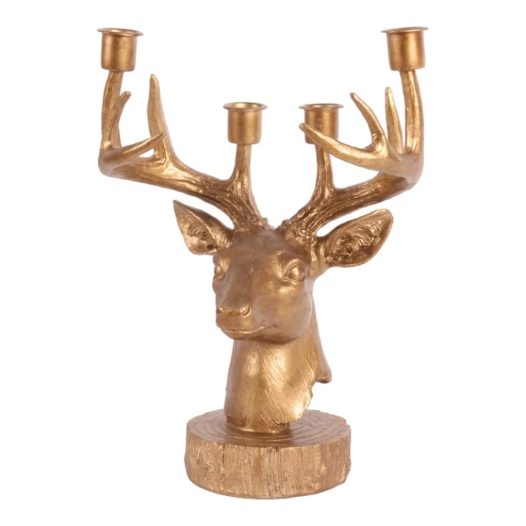 Castiçal Cervo - 31,5 cm - dourado - resina sintética