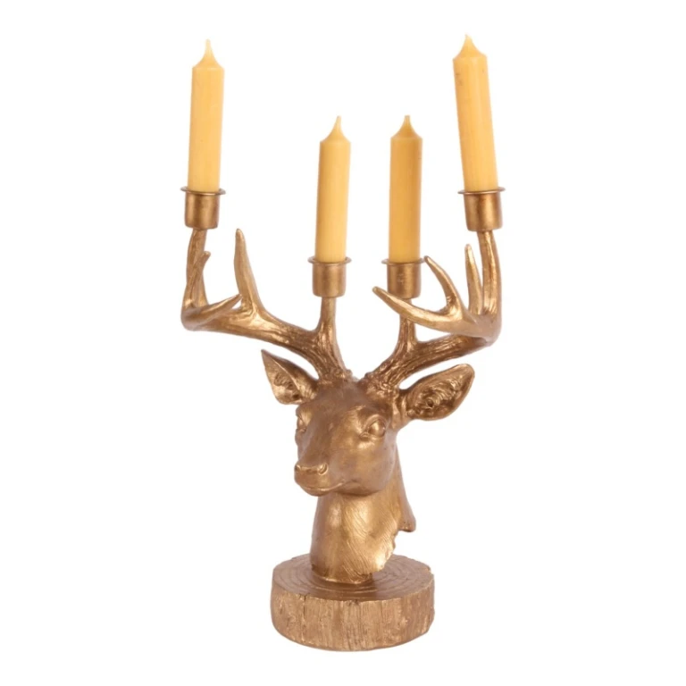 Castiçal Cervo - 31,5 cm - dourado - resina sintética