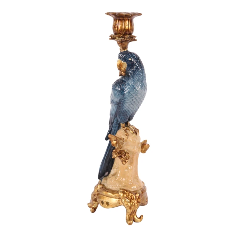 Castiçal Papagaio - 33 cm - azul - resina