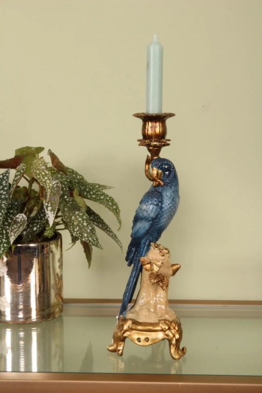 Castiçal Papagaio - 33 cm - azul - resina