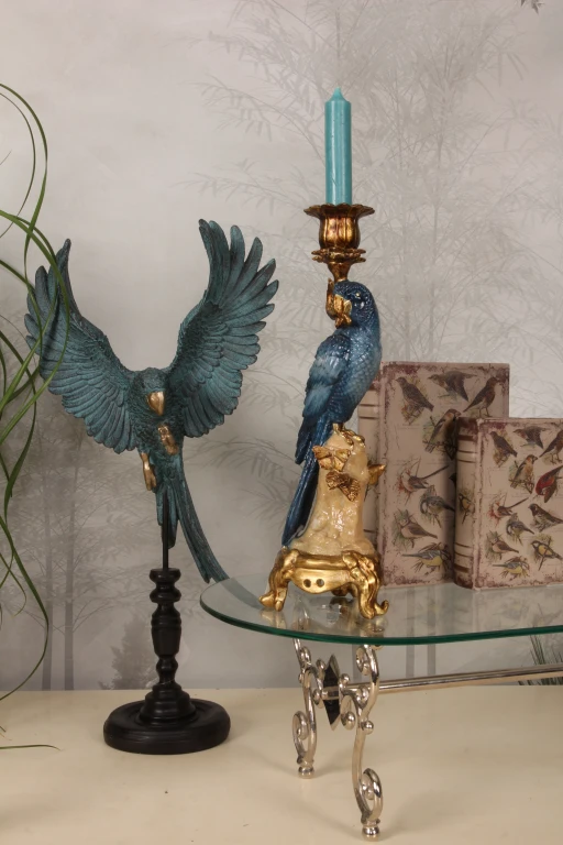 Castiçal Papagaio - 33 cm - azul - resina