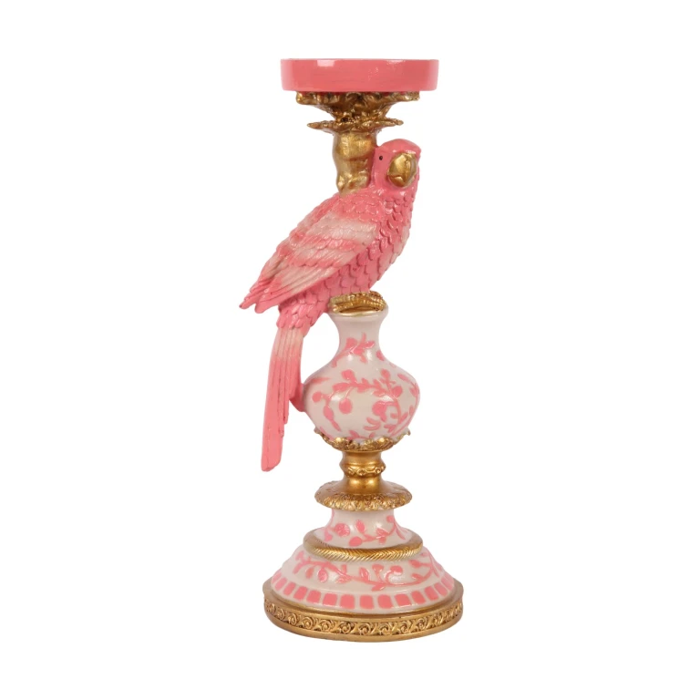 Castiçal Papagaio - 32,5 cm - rosa - resina sintética