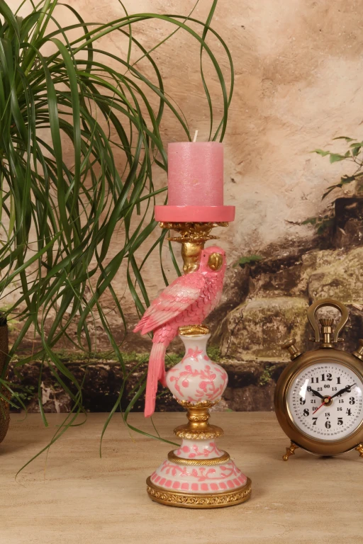 Castiçal Papagaio - 32,5 cm - rosa - resina sintética