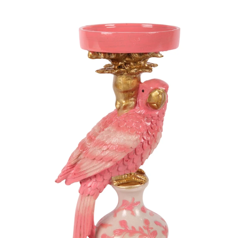 Castiçal Papagaio - 32,5 cm - rosa - resina sintética