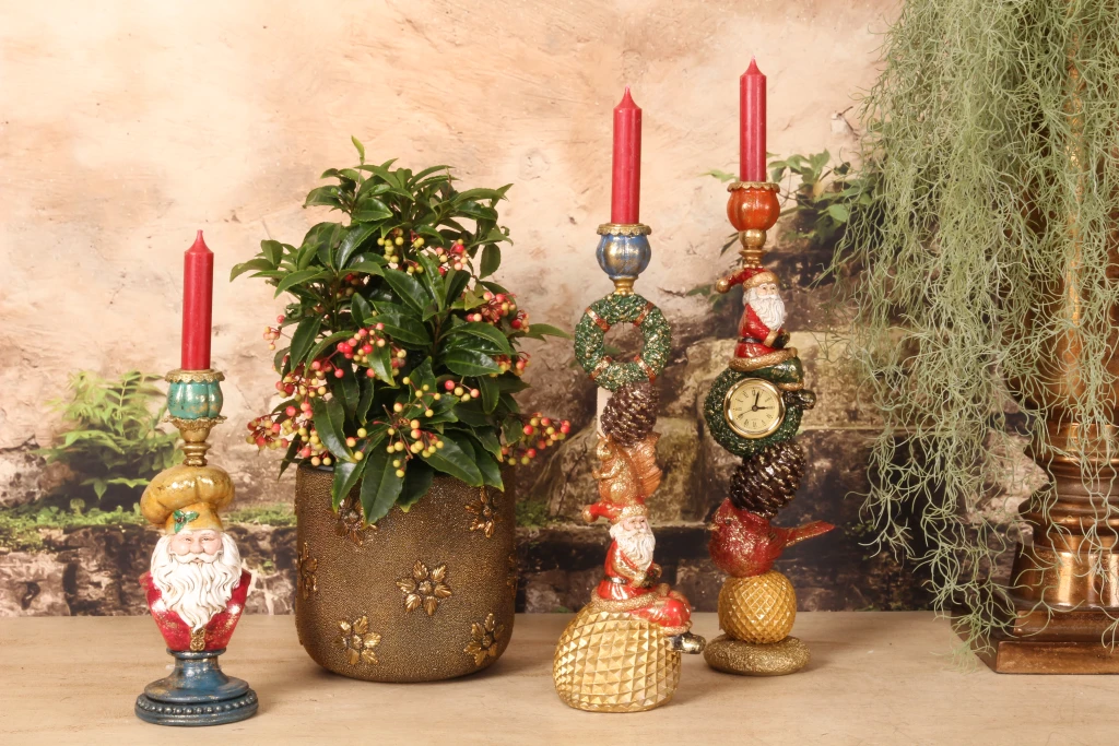 Castiçal Papai Noel - 25 cm - dourado - resina artística