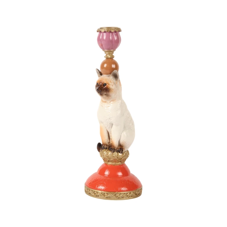Castiçal Gato - 26 cm - multicolorido - resina sintética
