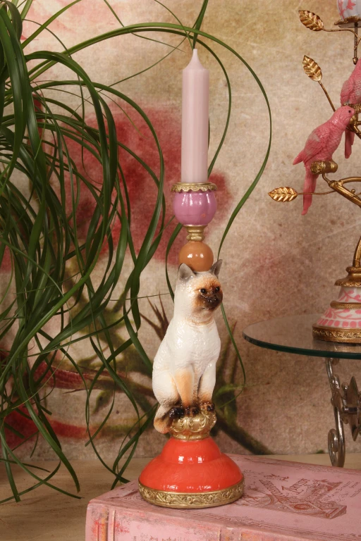 Castiçal Gato - 26 cm - multicolorido - resina sintética