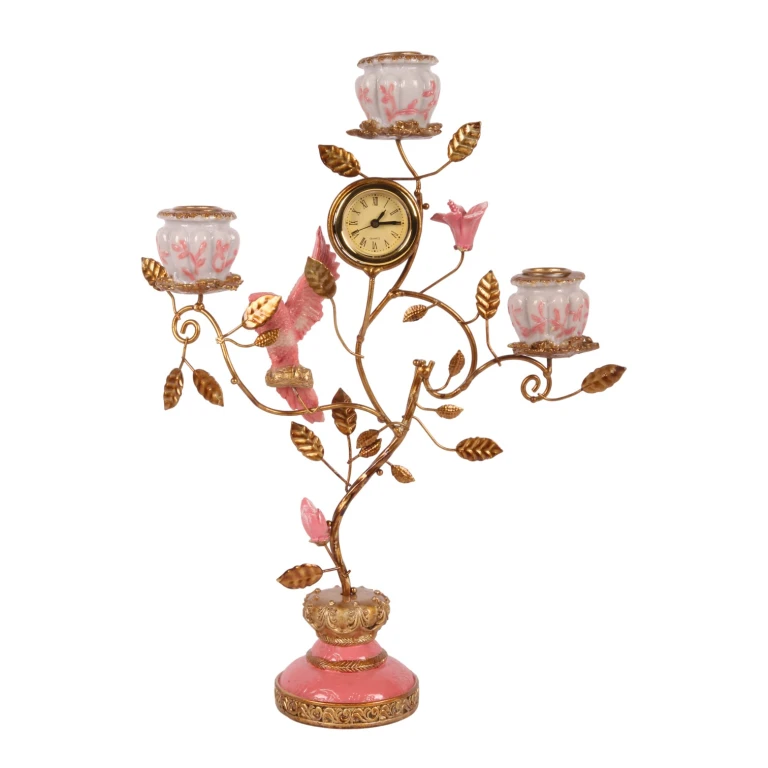 Castiçal Papagaio com relógio - 32 cm - rosa - resina sintética