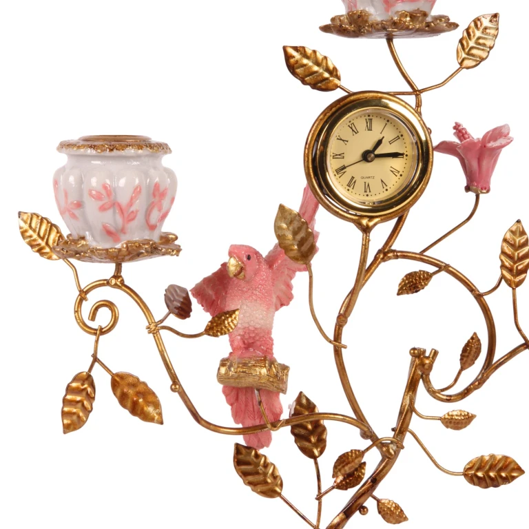 Castiçal Papagaio com relógio - 32 cm - rosa - resina sintética