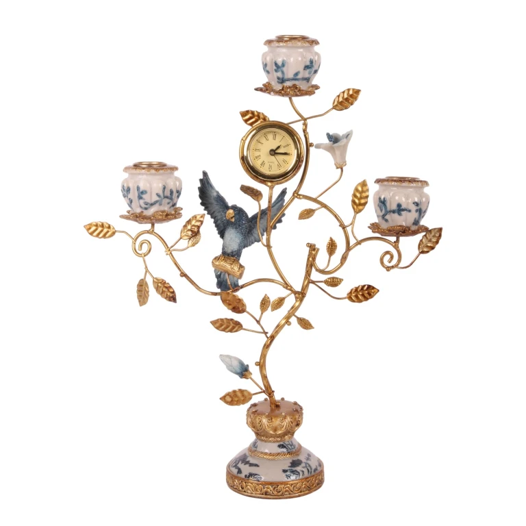 Candelabro Papagaio com relógio - 32 cm - azul - resina artística