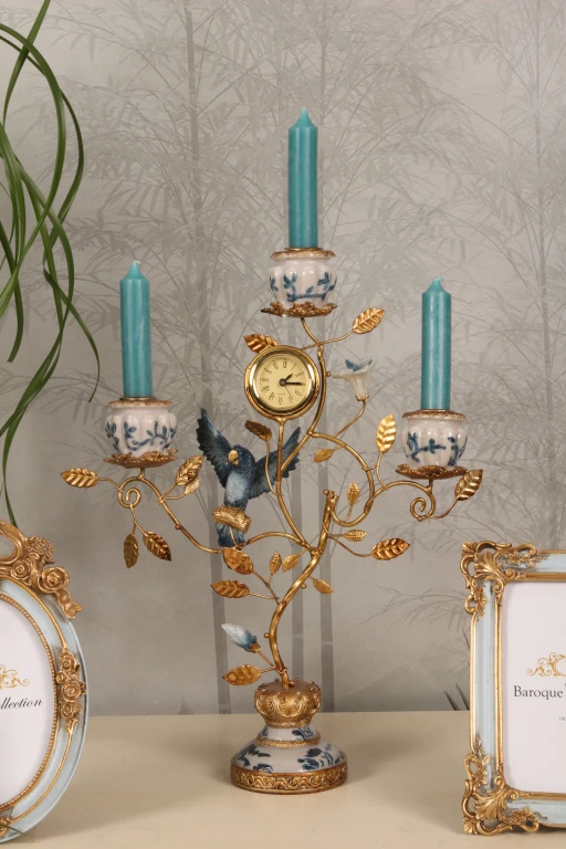 Candelabro Papagaio com relógio - 32 cm - azul - resina artística