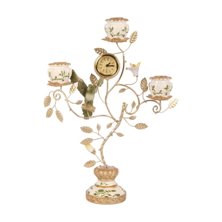 Castiçal Papagaio com relógio - 32 cm - verde - resina artística