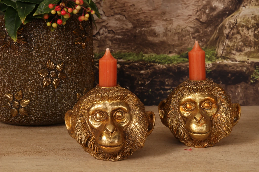 Candelabro macaco - 9 cm - ouro - resina sintética