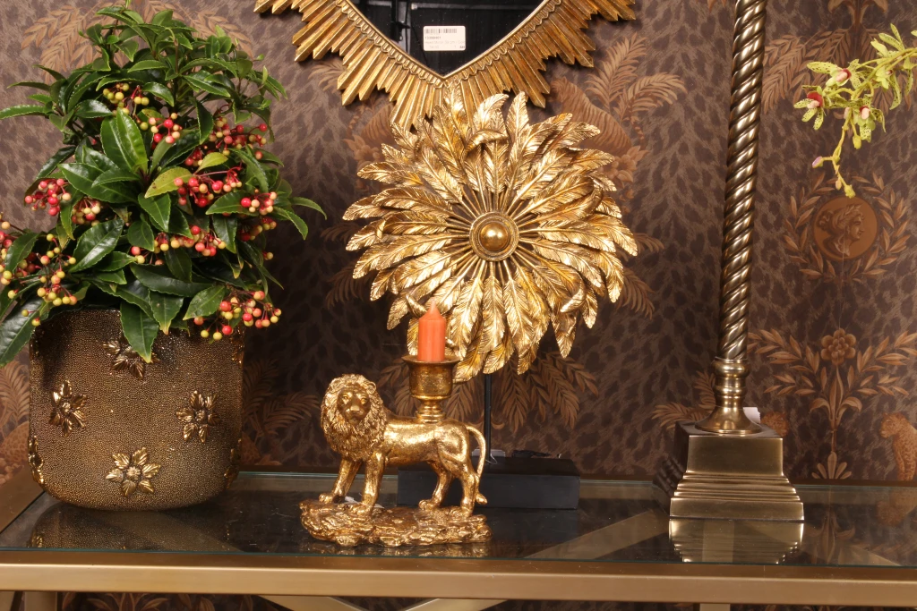 Candelabro Leão - 13 cm - dourado - resina artística