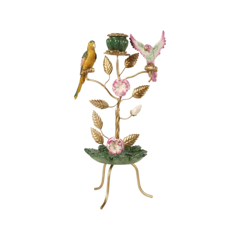 Candelabro Pássaros - 38,5 cm - verde - resina sintética