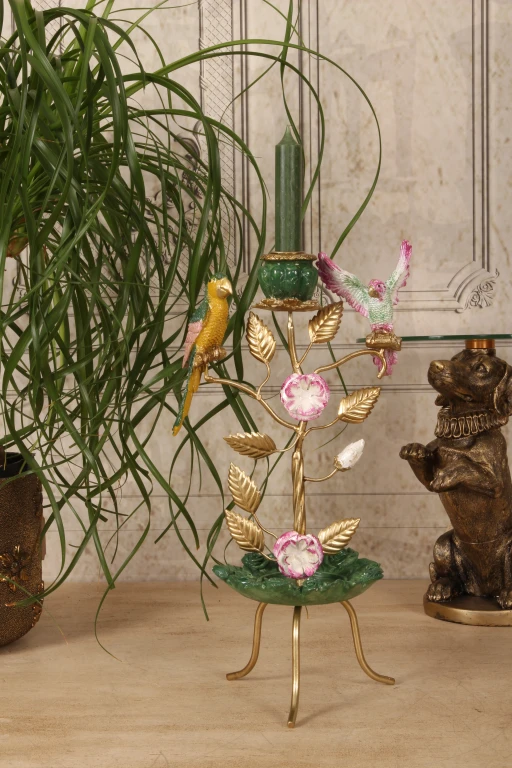 Candelabro Pássaros - 38,5 cm - verde - resina sintética