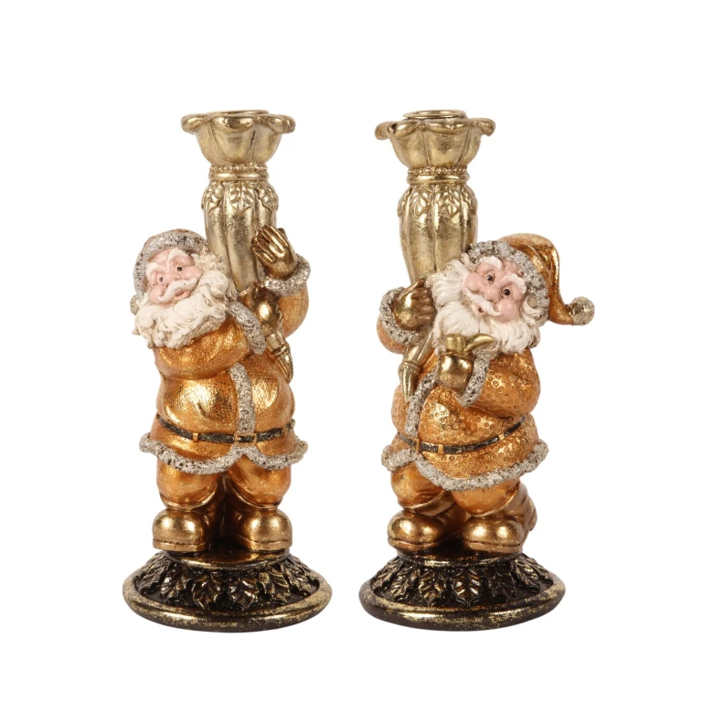 Castiçal Papai Noel - 23 cm - dourado - resina sintética