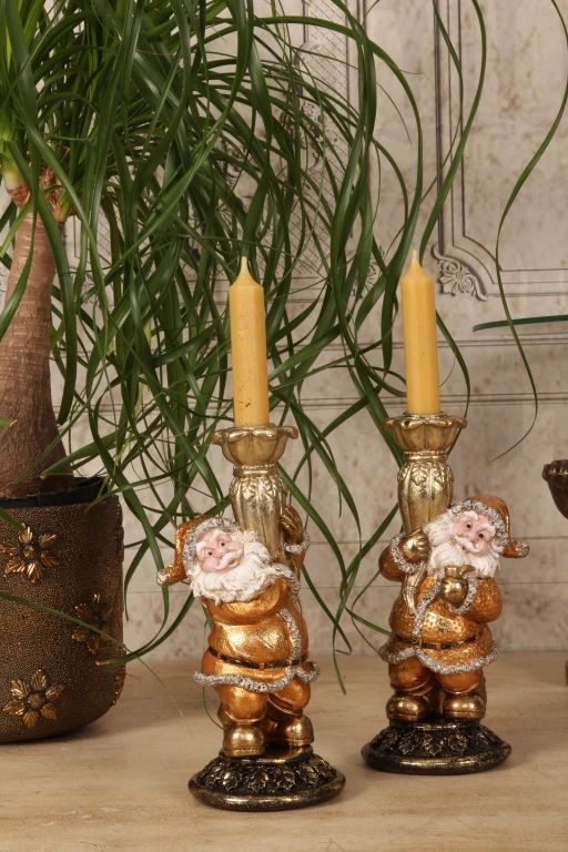 Castiçal Papai Noel - 23 cm - dourado - resina sintética