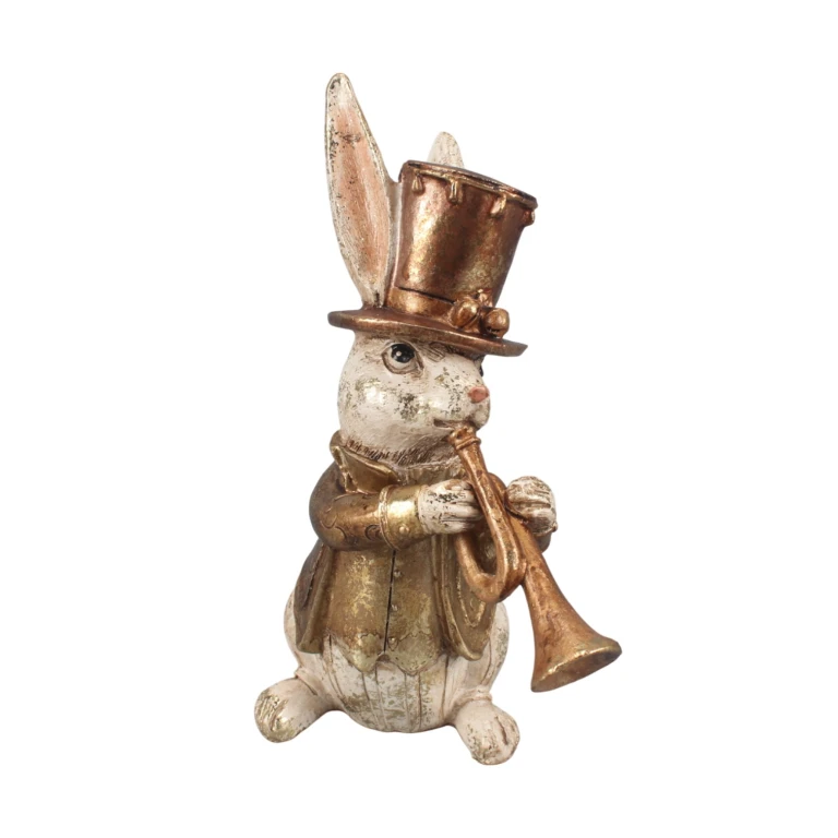 Estatueta de coelho com trombeta - dourado - 17 cm