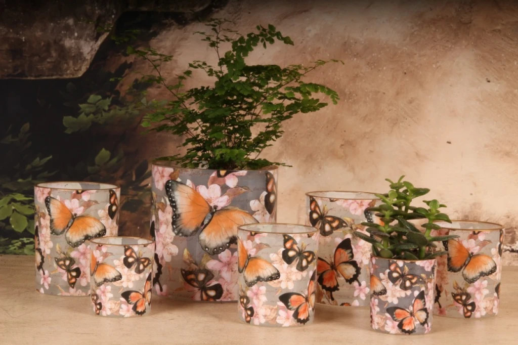 Porta-velas com borboletas - rosa - vidro - 15 cm