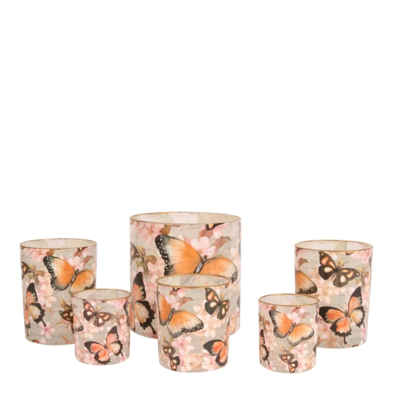 Porta-velas com borboletas - rosa - vidro - 15 cm