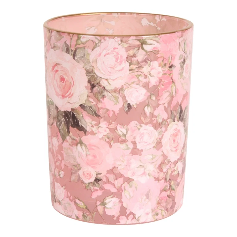 Porta-velas com estampa de flores - rosa - vidro - 12,5 cm
