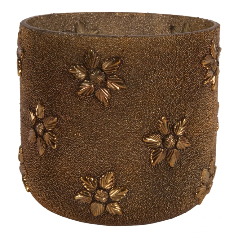 Porta-velas de contas - dourado - vidro - 17 cm