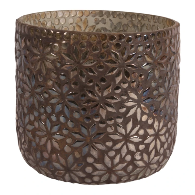 Porta-velas de mosaico flor - marrom - vidro - 17 cm