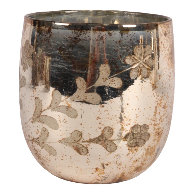 Porta-velas Flores - dourado - vidro - 16 cm