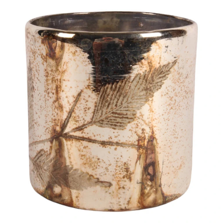 Porta-velas Folhas - prata - vidro - 12 cm