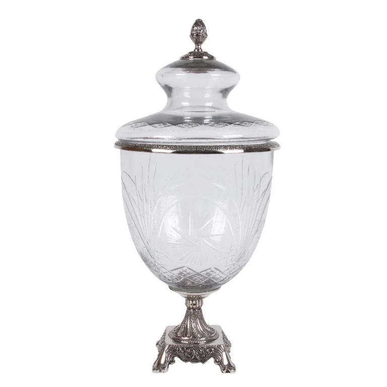 Vaso com tampa - 51 cm - prata - vidro e alumínio