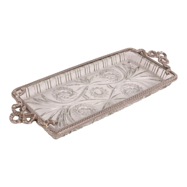 Bandeja de latão e vidro - prata - 33 x 16 cm